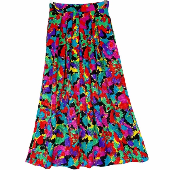 VINTAGE 80s 90s Multicolor Abstract Pleated Maxi - Picture 2 of 6